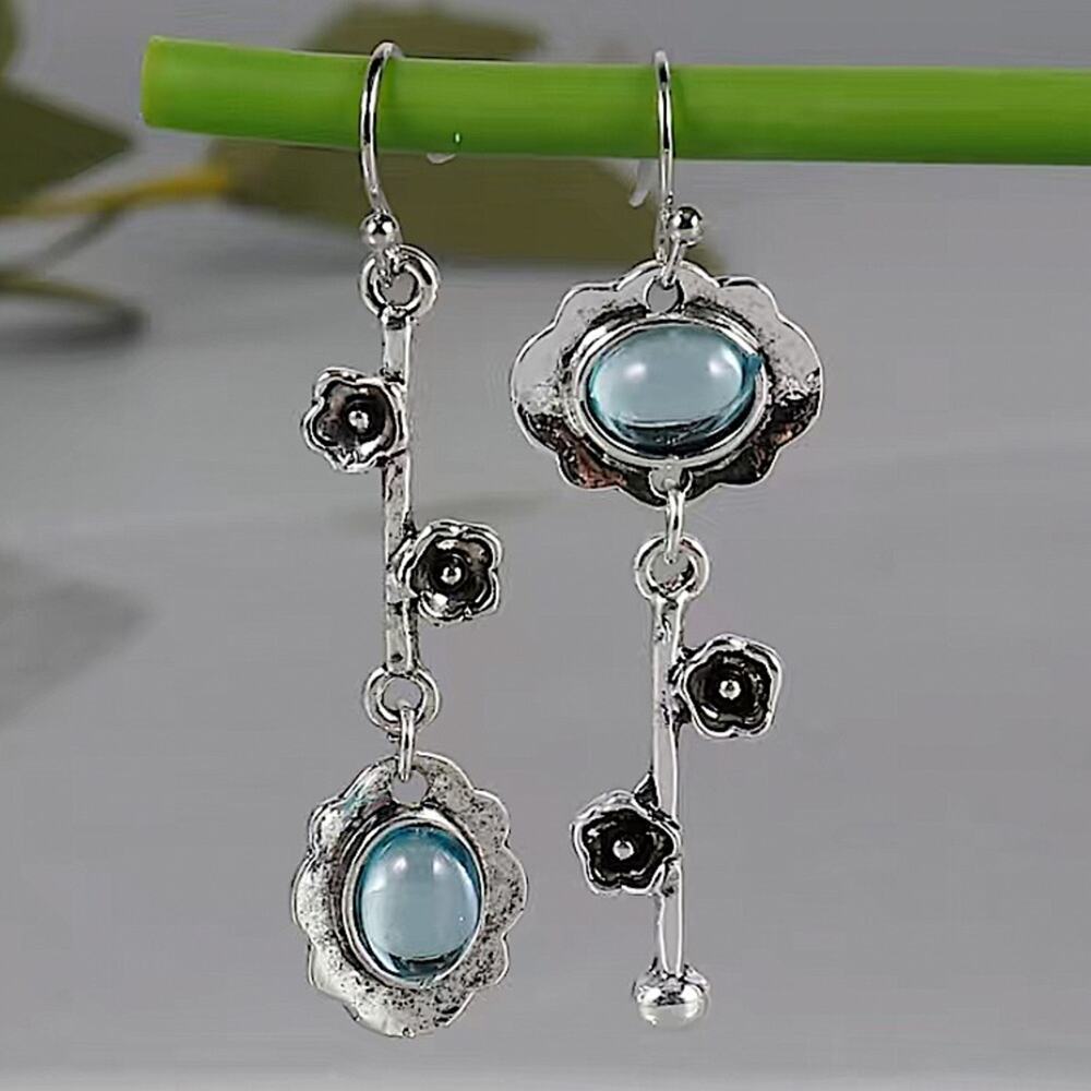 Silver Irregular Mix Match Blue Topaz Flower Dangle Vintage Boho Earrings